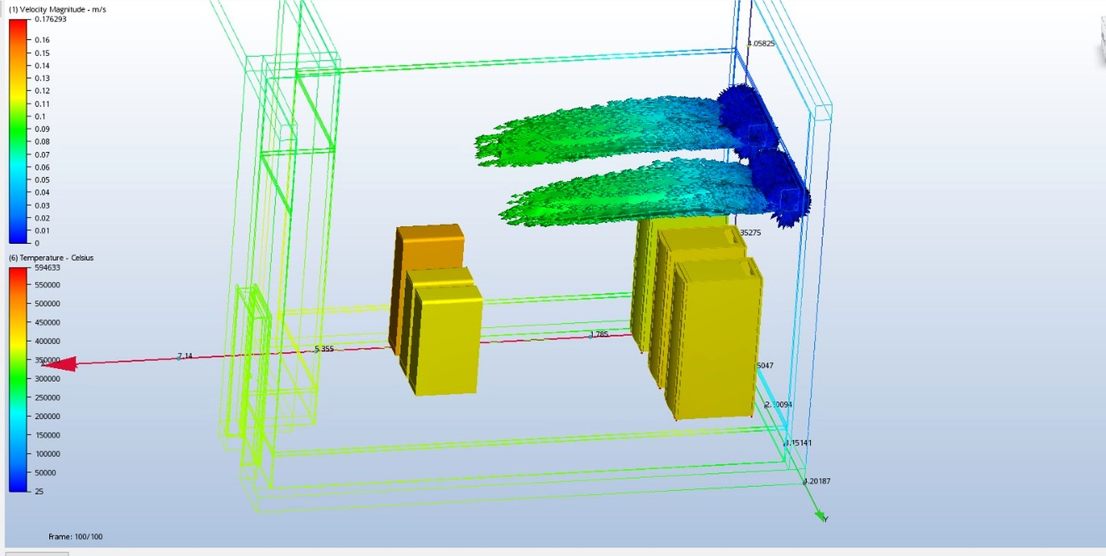 Autodesk CFD thermal and velocity analysis of a plant room, showing velocity-magnitude iso-surfaces and a temperature scale