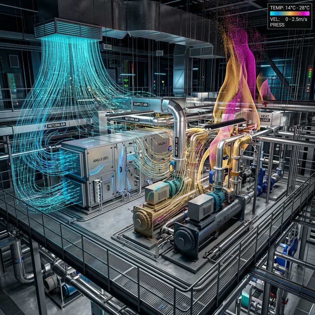 CFD thermal-comfort simulation of a plant room showing temperature distribution around equipment